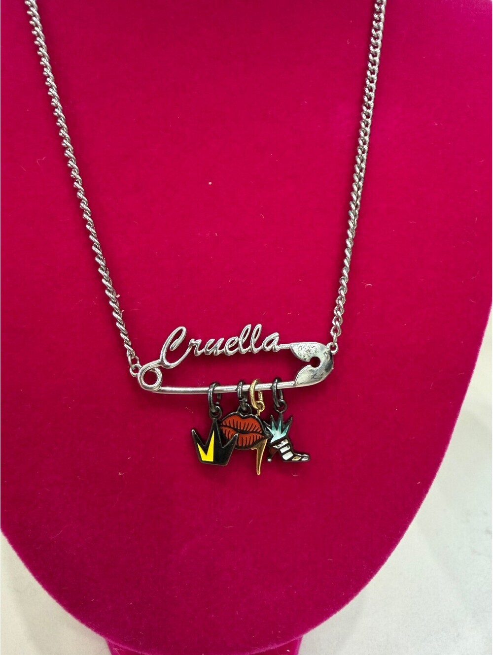 Cruella Inspired Silver Safety Pin Necklace with Charms Disney